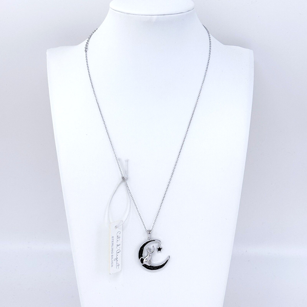 NWT Cote d' Argent Sterling Silver Black Spinel Cat Moon Pendant Necklace 16-18"
